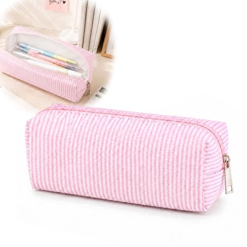 CAYLEKI Lightweight Nylon Pencil Case with Striped Design - Durable Stationery Organiser Bag for School, Work & Travel, Holds Over 30 Pens, Scratch-Resistant, Easy-Clean Textured Fabric (Pink White)