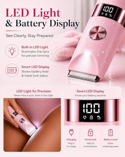 Bikini Trimmer Women Waterproof 2-in-1: Gentle Facial Hair Remover for Women, LED Display Electric Razors, Dual Head Lady Shavers with Smart Light, Travel Lock, Pubic Hair for Lip Underarm Body — view 6