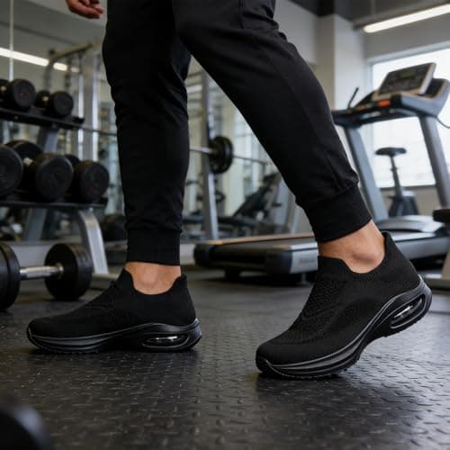 HOIYHEK Mens Trainers Slip on Walking Shoes Non Slip Running Shoes Sports Breathable Lightweight Mesh Air Cushion Comfortable Sneakers for Gym Work Daily Wear All Black Size 9.5 — view 2