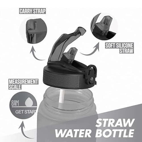HOMEEX 1 Litre Motivational Fitness Sport Water Bottles with Straw & Time Maker, BPA-free Plastic Drink Bottle 1l Design for Girls, Boy Running,cycling (Spout 1000ml Black) — view 2