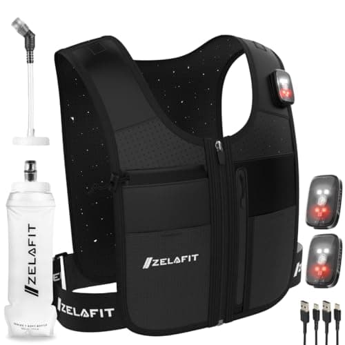 ZelaFit® Running Vest with Rechargeable LEDs & Micro USB Charging Cables, Water Bottle and Straw - Hydration Vest with 8 Pockets - Running Backpack Alternative - Men & Women (Extra Small - Small)