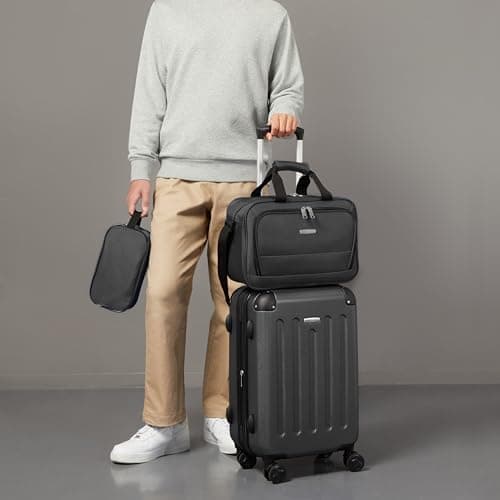 Amazon Basics Hardside Carry-On Spinner Luggage Set, 3-Piece, Carry-On Suitcase, Tote Bag, Compact Travel Bag, Expandable, 4 Spinner Wheels, Black — view 5