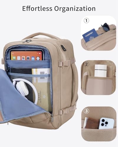 ECOHUB Ryanair Cabin Bags 40x30x20, Underseat Travel Bag with 9 Pockets, Recycled PET Eco Friendly Hand Luggage Backpack, Lightweight Rucksack for Women & Men, Carry on Bag with USB Port, 20L, Brown — view 4