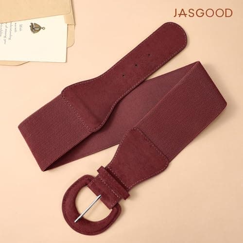 JASGOOD Women Suede Elastic Belt Wide Stretchy Waist Belt, Vintage Chunky Buckle Belts for Dress,Burgundy — view 3