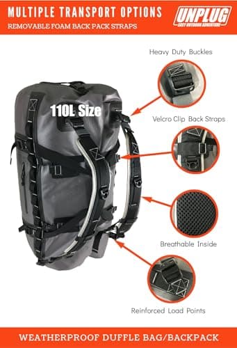 UNPLUG Ultimate Adventure Bag - 1680D Heavy Duty Waterproof Duffel for Travel, Camping, Motorcycle, Hunting, Bug Out (110L Storm Grey) — view 4
