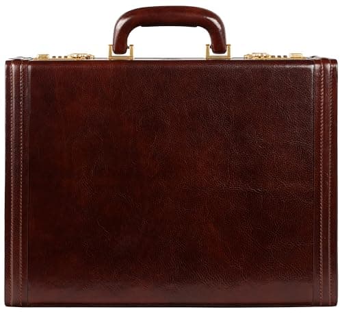 Time Resistance Leather Attache Case - Full Grain Italian Leather Briefcase - Laptop Bag up to 15” - Hard Case with Lock