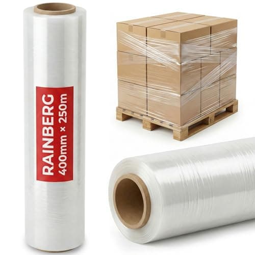 Rainberg Strong Heavy-Duty Stretch Film for Pallet Wrapping, Packaging, and Moving for Furniture, Luggage, and Parcels, Water & Moisture Proof Pallet Stretch Shrink Wrap rolls 400mm x 250m (Clear, 1)