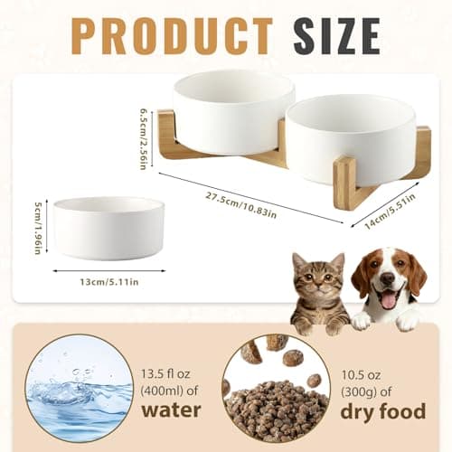 Ceramic Cat Bowls with Bamboo Stand, Double Elevated Pet Feeding Bowls, 400ml Each, Removable Non Slip Food and Water Bowls, Stable Base for Cats & Small Dogs, White (Set of 2) — view 2