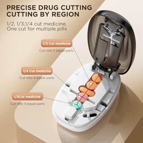 Pill Cutter Splitter for Small and Tiny Pills, 1/2 1/4 Pill Splitter for Small Pills,Vitamins, Tablets in Half or Quarters, Accurate and Easy Cutting, Stainless Steel Blade, Back Storage (Black+White) — view 2