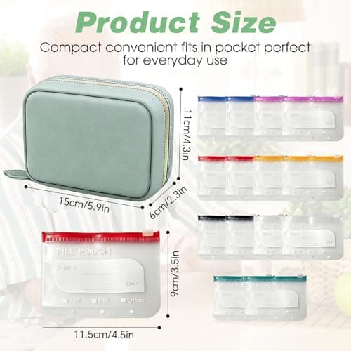 Waterproof Pill Organiser Pouch Set for Travel, 14 Removable Colour-Coded Bags Easy to Label & Refill, Storage Organizer for Medication Vitamins Fish Oils (Green) — view 2