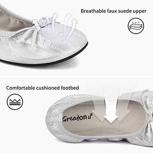Greatonu Women's Ballet Pumps Comfort Foldable Portable Travel Slip on Slipper Bow Tie Flats Shoes Silver UK 7 — view 5