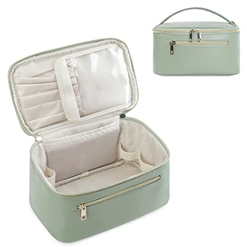Travel Makeup Bag, Large PU Leather Cosmetic Case with Brush Compartment, Green
