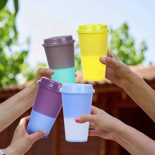 Yisituo 480ml Reusable Coffee Cups with Lids, Plastic Tumblers, 12 Pack Colour Changing Travel Mugs, for Home, Car, Beach, Camping, and Party (12, Rainbow) — view 6