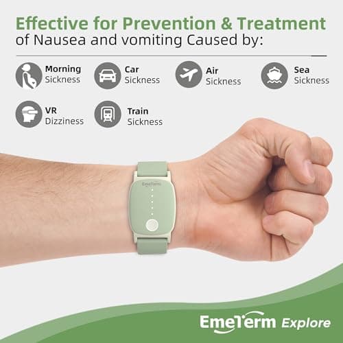 EmeTerm Explore FDA Cleared Mint Green Anti-Nausea Wristband IP67 Waterproof Morning Motion Travel Sickness Vomit Relief Rechargeable Classic Strap Design No Gel Drug Free Without Side Effects — view 3