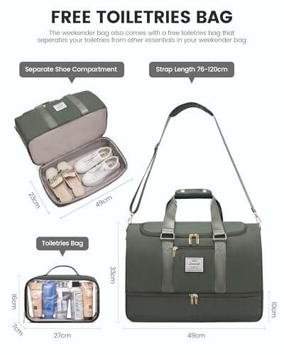 LOVEVOOK Travel Bag Gym Bag for Women, Waterproof Weekend Overnight Holdall Duffle Bags with Toiletry Bag, Shoe Compartment & Wet Pocket, Swimming Beach Bags Hand Luggage Camping Sports Bag, Green — view 2
