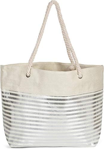 styleBREAKER Womens XXL Metallic Striped Beach Bag,Beige-Silver