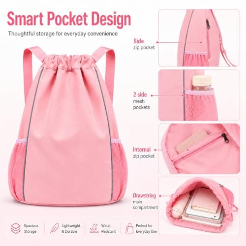 FAVORTALK Girls Drawstring Gym Bag Waterproof Drawstring Backpack with Outside Zipper Pocket Dry and Wet Separation for School Sport Swimming Travel Swimming Sports Gym Bag, Pink 18211 — view 4