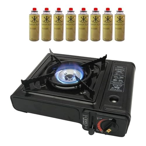 UTTAM Black Portable Camping Stove with Cary Case | EN417 Compliant Camping Portable Stove | Camping Stove with Automatic Ignition & Heat Control (Stove + 8 Butane Cannister)