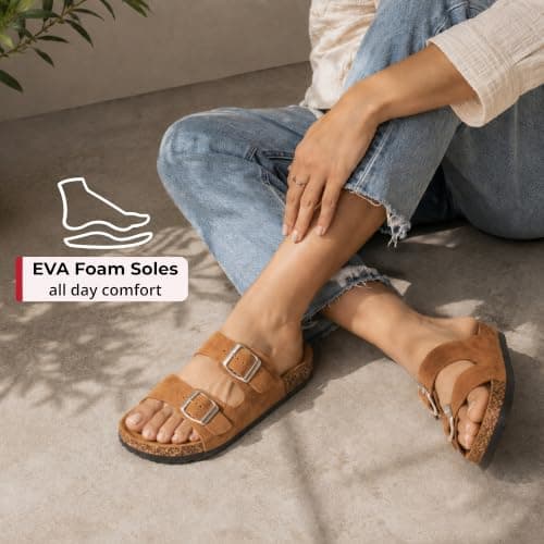 alpine swiss Womens Double Strap Contour Sandals | Adjustable Buckle Slides | Vegan Leather Footbed Sandals | Ergonomic Cork-Inspired Sole | Casual Summer Footwear Slip On Slides with Buckles Tan 5 — view 2