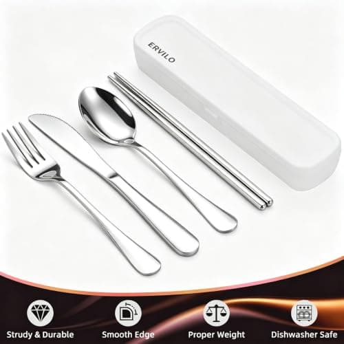 Travel Cutlery Set with Case, Stainless Steel Camping Utensils, Reinforced Case with Snap-Lock Closure, Include Fork Spoon Knife Chopsticks, Portable Lunch Box Silverware for Picnic Office, Silver — view 5