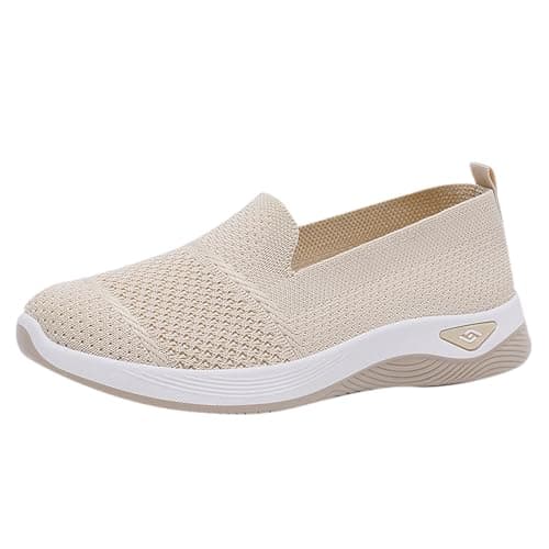 Summer Trainers for Women Arch Support Road Running Shoes Lightweight Mesh Breathable Sneakers for Gym Fitness Jogging Walking Size UK 5.5 Beige
