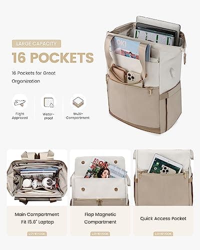 LOVEVOOK 17.3 inch Laptop Rucksack Bag for Ladies, Backpack Womens, Daypacks for Office Teacher Nurse, Fashion School Bags with USB Port for Work University Travel Business, Beige-Khaki — view 4