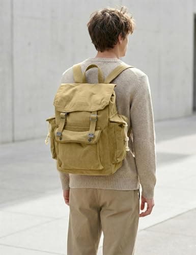 Vintage Canvas Backpack Webbing Rucksack 100% Cotton Army Style Satchel with Side Pockets - Work Travel School Bag - Khaki Beige — view 5