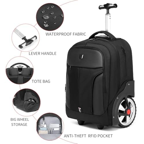 RUCYEN Rolling Backpack,Waterproof Backpack with Wheels for Business and Travel Commuter, Carry on Backpack with Laptop Compartment, Fit 17 Inch Laptop, Wheeled Backpack for Adults — view 5