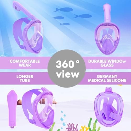 Kids Snorkel Mask Full Face, Snorkeling Gear for Kids 3-14 with Camera Mount, 180 Degree Panoramic View Snorkeling Set Anti-Fog Anti-Leak (Purple) — view 5