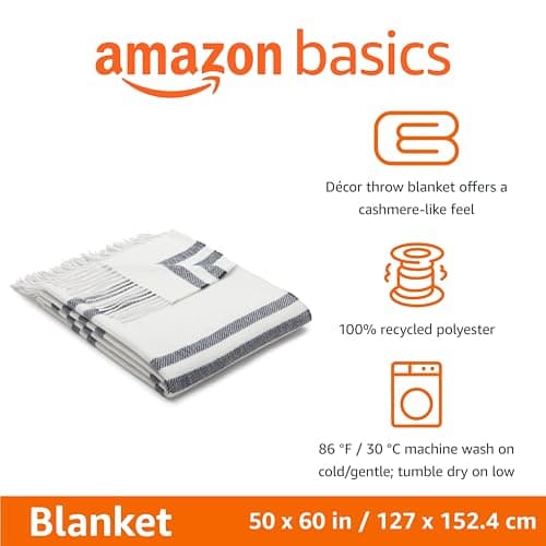 Amazon Basics Lightweight Recycled Polyester Sofa Throw Blanket, Bed Throw for Room Décor, 127 x 152 cm, Light Grey With Blue Stripes — view 2