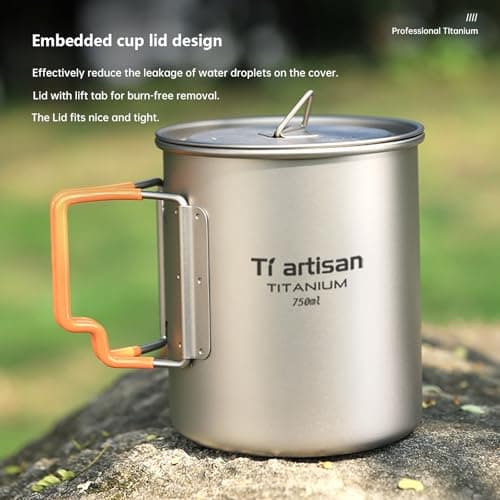 Ti artisan Titanium Cup Camping Pot Ultralight Titanium Mug 750ML Camping Cup Titanium Pot with Foldable Handles and Lid for Outdoor Camping Hiking Backpacking (750ML) — view 5