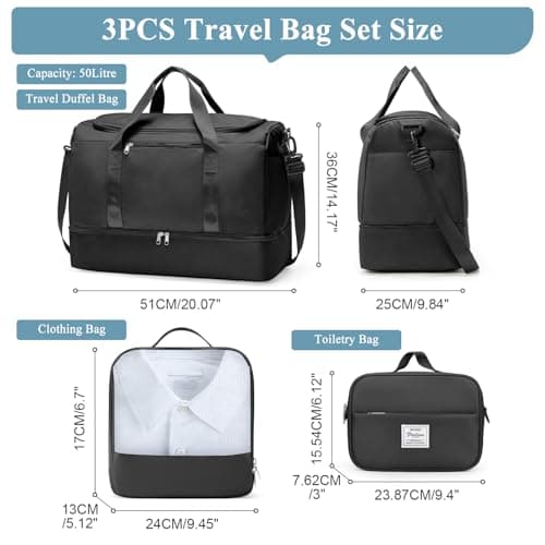 Large Travel Duffle Bag,Carry on Overnight Weekend Bag with Shoes Compartment,Weekender Bags for Women for Travel Business Trips Sport Hospital, Black 3Pcs Set, L, Practical/Utilitarian — view 4