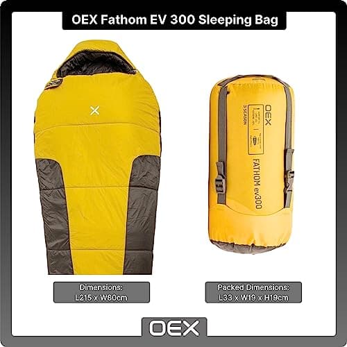 OEX Fathom EV 300 Sleeping Bag for Adults, Teens, Kids, 1 Person, 3 Season, Lightweight, Mummy, Warm, Indoor & Outdoor Use, Camping, Hiking, Backpacking, Travelling, Compression Bag, Yellow — view 2