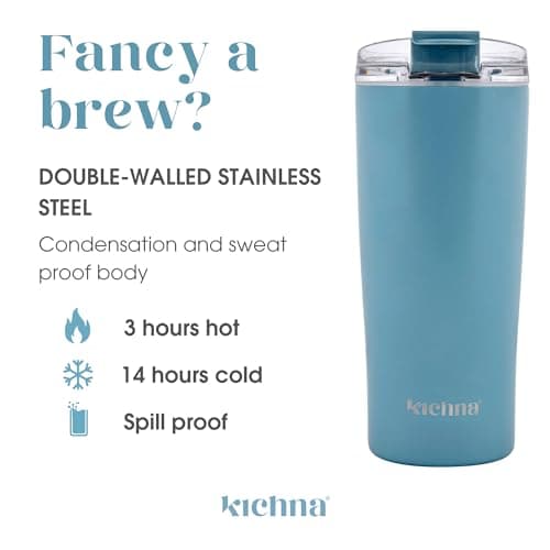 Kichna Brewer Travel Coffee Tumbler with Flip Lid Lock | Double Walled Stainless Steel Vacuum Travel Mug | BPA Free Lid Leak & Spill Proof | Keep Cold for 14Hrs or Hot for 3Hrs 550ml - Powder Blue — view 3