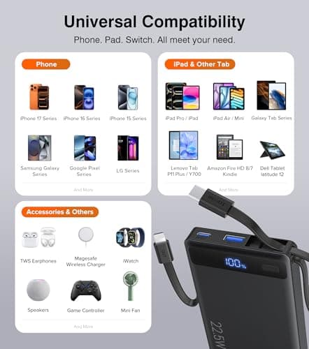 Power Bank 10000mAh, Portable Charger with 2 Built-in Cables (USB-C and Lightning),Fast Charging Battery Pack Compatible with iPhone 17 16 Plus Pro Max,Galaxy,iPad,Tablet–Slim Travel Essential(1 Pack) — view 5