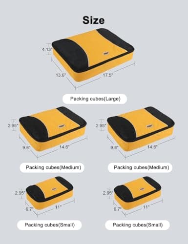 GOX Premium 5-Piece Packing Cubes Set for Travel, Lightweight Durable Luggage Organizer Bags with Double Zipper Mesh Top, 1 Large 2 Medium 2 Small, Nylon, Space-Saving Suitcase Storage (Yellow) — view 6