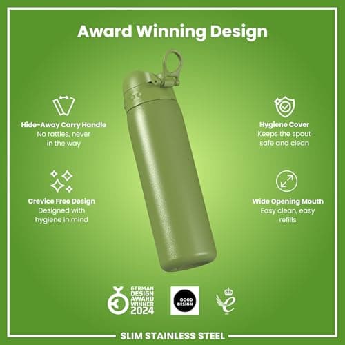 Ion8 Lightweight Steel Water Bottle, 600 ml/20 oz, Non-Insulated, Leak Proof, Easy to Open, Secure Lock, Dishwasher Safe, Flip Cover, Fits Cup Holders, Carry Handle, Metal Water Bottle, Khaki Green — view 6