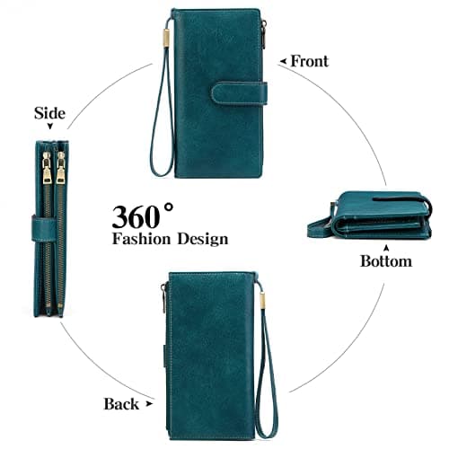 GOIACII Ladies Large Purse Soft Leather Women's Wallet, 2 Zipper Coin Phone Pockets, Detachable Wrist Strap, 5 ID Windows, RFID Blocking Travel Credit Card Holder, Teal — view 4