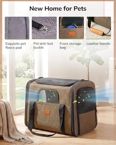 Morpilot Cat Carrier - Airline Approved, Top Opening Portable Dog Bag with Breathable Mesh/Removable Mat, Adjustable Shoulder Strap & Bowl, Foldable Travel Cage, M, Brown (Max 7kg) — view 4