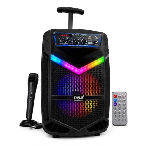 Pyle, Portable PA System, Active Speakers, Powered Speakers –400W Rechargeable Outdoor Bluetooth Speaker- w/ 18” Subwoofer 1” Tweeter, Microphone and Speaker, PartyBox Lights, Recording, USB/SD/Radio