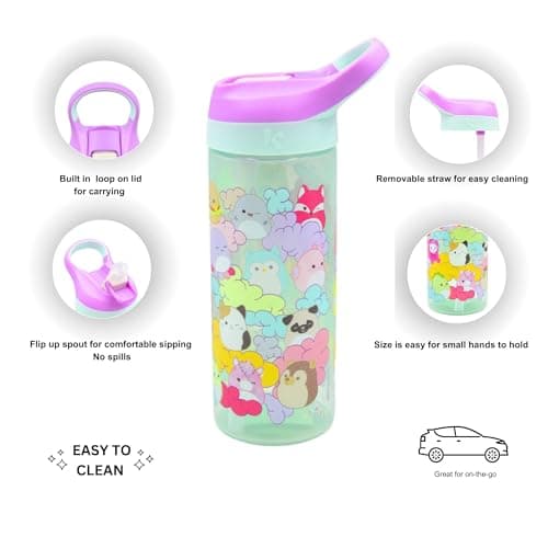 HOX Squishmallows 600ml Kids Water Bottle with Flip Spout Lid, Straw & Carry Loop – Cute Pastel Kawaii Design, Leak Resistant School Drink Bottle, BPA Free Travel Cup for Children — view 3