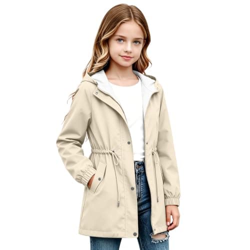 Beige Girls Waterproof Jacket Windproof Hooded Raincoat Outdoor 13 Years — view 2