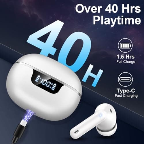 Wireless Earbuds, Bluetooth 5.4 Headphones with 4 ENC Noise Cancelling Microphone, Ear buds HiFi Stereo Deep Bass, Bluetooth Earphones 40H Playtime LED Display, IP7 Waterproof Touch Control, White — view 4