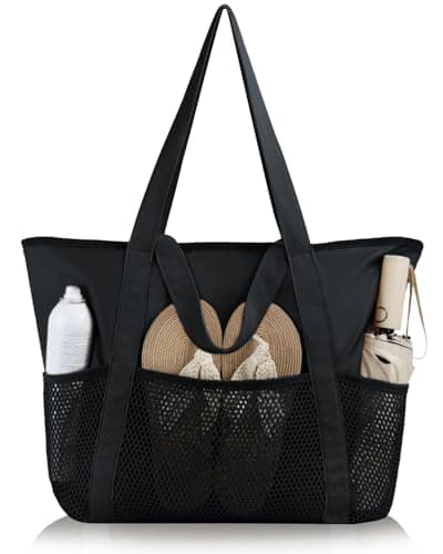 HOMESPON Beach Bag Large Waterproof Tote for Women with Zipper (M, Black)