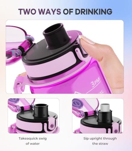 Gylinm 1L Water Bottle Made of BPA-Free Tritan Material, Sports Water Bottle with Removable Straw & Hydration Time Markerings, Ideal for Gym, Travel, Home, School and Outdoor Activities - Purple-Green — view 3
