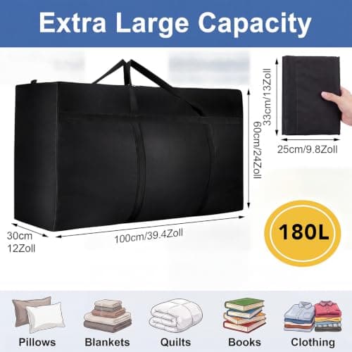 2 Pack 180L Jumbo Moving Bags, Storage Bags, Moving Box with Zip, Black — view 2