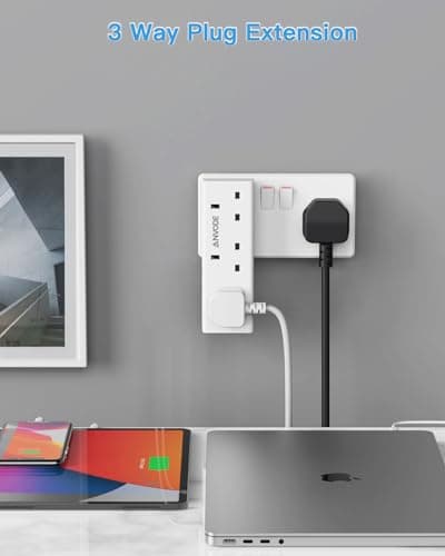 3 Way Plug Adapter, ANVODE Vertical Plug Extension, Wall Socket Power Extender Adaptor for Home, Office, Kitchen, White — view 2