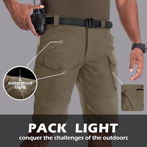 JUSOFTY Cargo Shorts for Men Waterproof Stretch Multi Pockets Quick-Dry Outdoor Running Athletic Mens Cargo Shorts No Belt Khaki — view 5