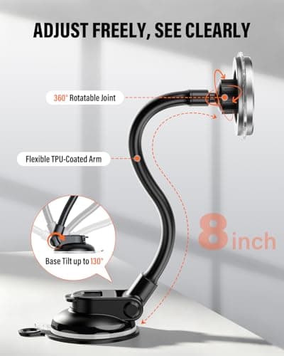 APPS2Car Magnetic Car Phone Holder for MagSafe, Long Arm Suction Cup Windscreen & Dashboard Mount, Super Strong Magnet, One-Hand Adjustable, iPhone 17/16/15/14/13/12 + Metal Ring for Android — view 6