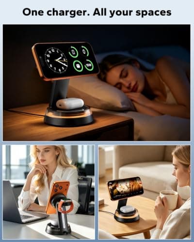 KPON 3 in 1 Wireless Charging Station for iPhone and Apple Watch, 15W Fast Magnetic Charger Stand with Adjustable Angle and Night Light, Charging Dock for Apple Devices, Desk & Bedside Organizer — view 6